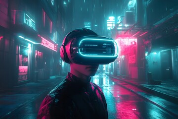 A person wearing a virtual reality headset stands in a futuristic neon lit urban environment exploring a sci fi digital landscape