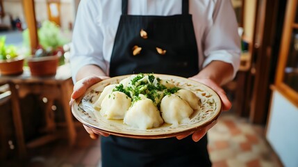 The waiter is holding a plate with traditional Slovak bryndza dumplings. Original name - Bryndzove...