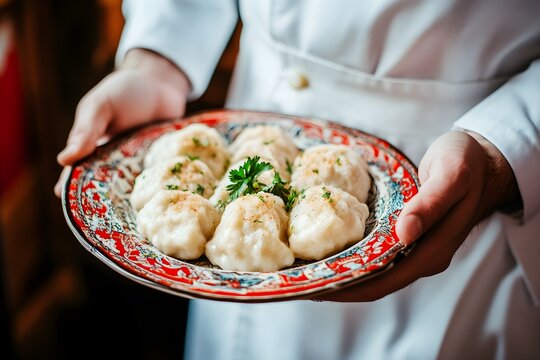 The waiter is holding a plate with traditional Slovak bryndza dumplings. Original name - Bryndzove halusky