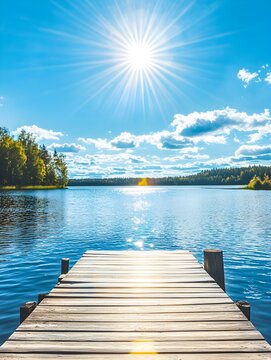 Fototapeta Traditional Finnish and Scandinavian view. Beautiful lake on a summer day and an old rustic wooden dock or pier in Finland. Sun shining on forest and woods in blue sky