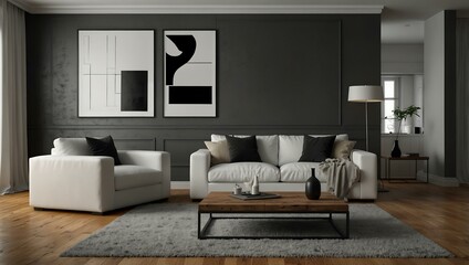 Contemporary living room with a white sofa and blank frame.