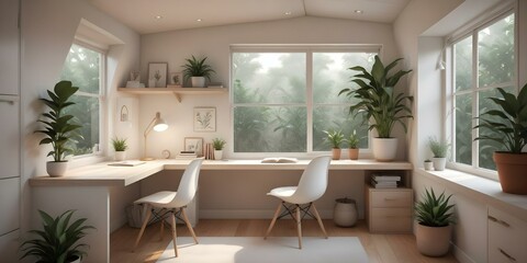 Fototapeta premium Cozy eco natural decor in light bedroom. Plenty of light and potted plants. AI generated