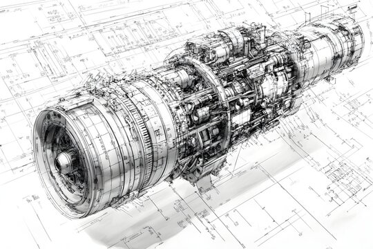 Intricate Cutaway View of a Powerful Jet Engine on Engineering Blueprint