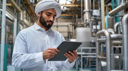 Engineer wearing a turban using a tablet to inspect machinery in a factory