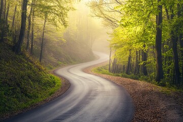 Fototapeta premium Winding Forest Road in Spring with Green Trees and Misty Morning Light. AI generated illustration