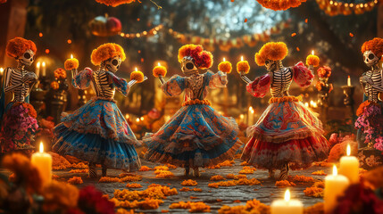 Fototapeta premium Dancing Catrinas: Elegant Catrinas dancing in colorful traditional dresses with marigolds and candles surrounding them, creating a lively festive vibe