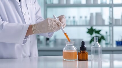Fototapeta premium Person in a lab coat testing cosmetic formulas in a high-tech laboratory