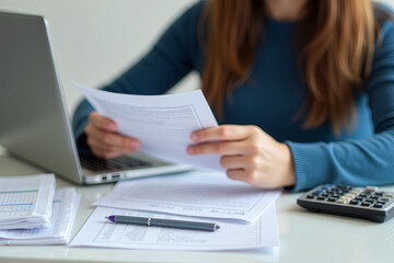 A young professional reviewing documents while working on a laptop, with a calculator and pencil on the desk. The setting suggests a modern office or home workspace, focusing on concentration and prod