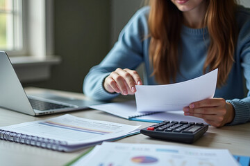 A young professional reviewing documents while working on a laptop, with a calculator and pencil on the desk. The setting suggests a modern office or home workspace, focusing on concentration and prod