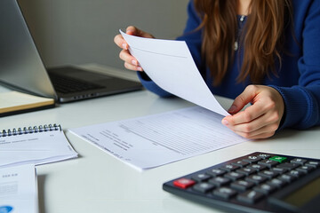 A young professional reviewing documents while working on a laptop, with a calculator and pencil on the desk. The setting suggests a modern office or home workspace, focusing on concentration and prod