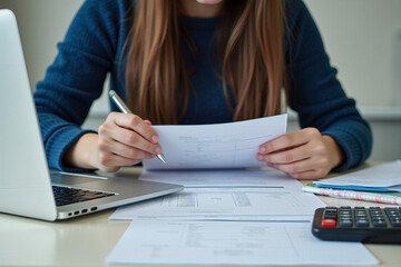 A young professional reviewing documents while working on a laptop, with a calculator and pencil on the desk. The setting suggests a modern office or home workspace, focusing on concentration and prod