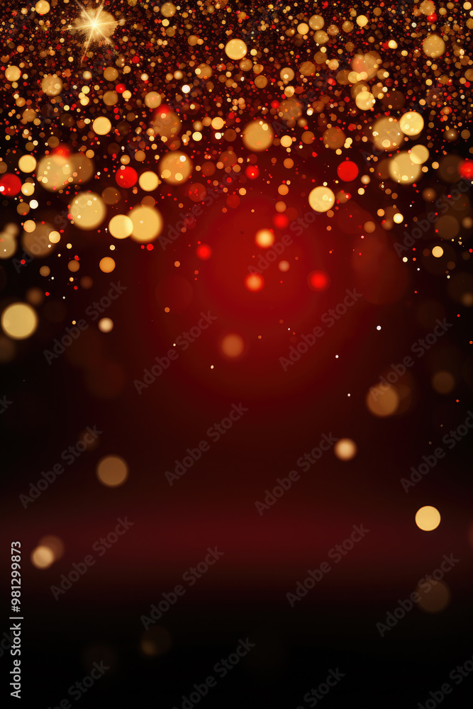 Poster golden particles create a beautiful bokeh effect on a vibrant red background. perfect for festive pr