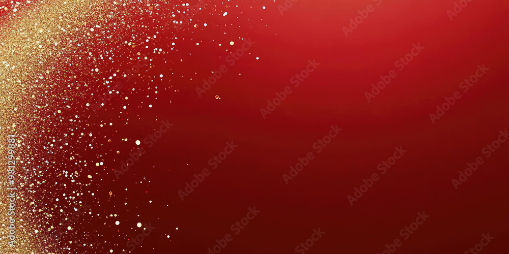 Poster golden particles create a beautiful bokeh effect on a vibrant red background. perfect for festive pr