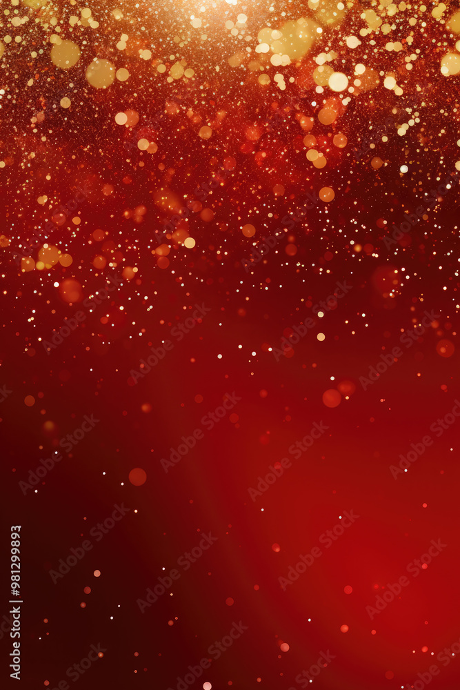 Poster golden particles create a beautiful bokeh effect on a vibrant red background. perfect for festive pr