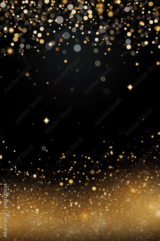 Wall mural golden particles create a beautiful bokeh effect on a vibrant black background. perfect for festive 