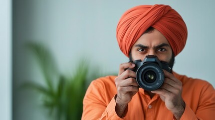 Photographer wearing a turban adjusting camera settings in a studio, preparing for a shoot