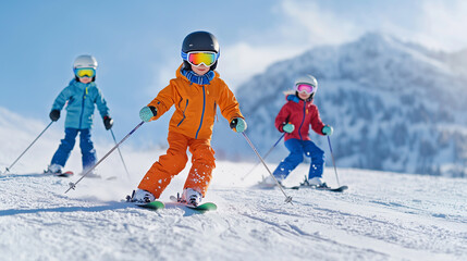 Kids Learning to Ski on a Snowy Hill with Instructor