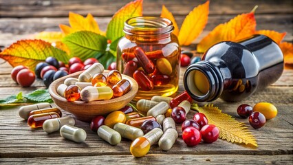 Assorted colorful vitamins and nutritional supplements in bottles and capsules scattered on a rustic wooden background with a few leaves and a fitness ball nearby.