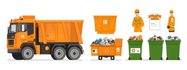Fototapeta premium An illustration of garbage collection vehicles and trash cans in orange, with illustrations showing workers carrying the waste to green bin trucks. 