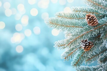 Frosted Pine Branch with Pinecones Against a Blue Bokeh Background