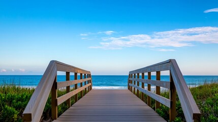 Serene Beach Boardwalk Overlooking Clear Ocean and Blue Sky Horizon