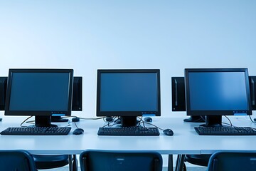 Empty Computer Lab With Black Chairs and Blue Monitors