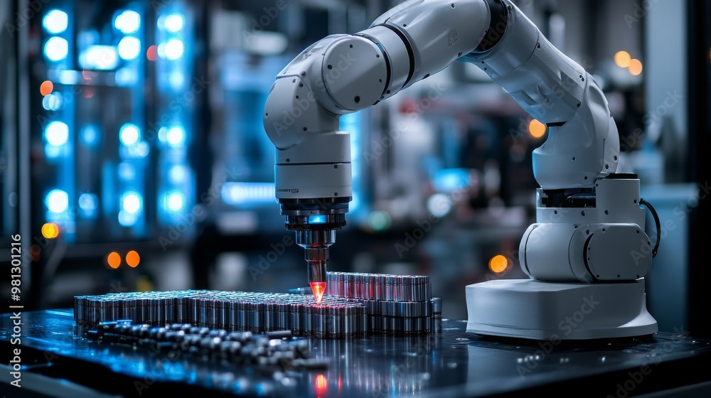 Poster robot arm with sensors performing precision tasks in a modern industrial setting