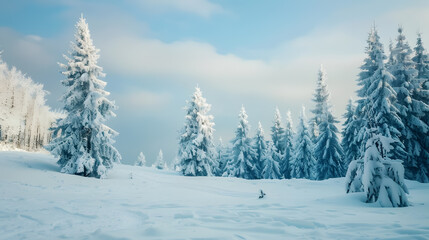 Naklejka premium Frosty Winter Landscape in Snowy Forest