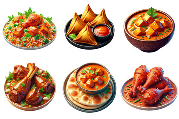 3d Indian Food Set Menu. 
Biryani, Butter Chicken with Naan Bread, Paneer Butter Masala Curry, 
Mutton curry, Lamb curry, Samosas, Tandoori Chicken,  
3D Realistic Food Icon. Indian Food Set Menu.