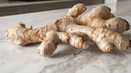 Fototapeta premium Fresh Ginger Root on Marble Surface