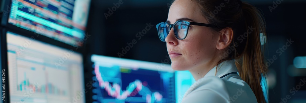 Aufkleber woman deeply focused on analyzing stock market data displayed on multiple computer screens in a mode