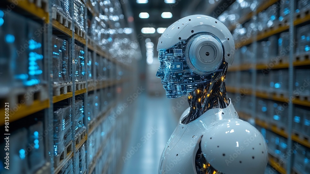 Poster ai-driven robot assisting in warehouse automation with advanced technology at work in 2023
