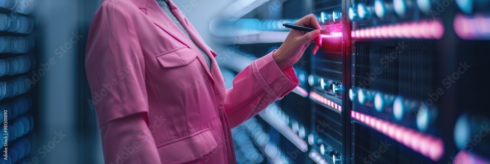 Poster engineer in a pink jacket using a stylus pen to adjust server rack settings in a data center, with c