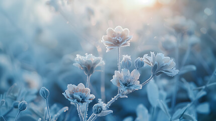 Frozen icy flowers in winter. Frost-covered wildflowers in a winter field in the evening or morning. Cold winter season, frosty weather. Natural blue and white background with copy space.