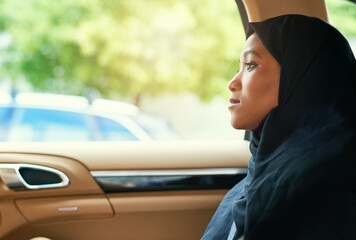 Muslim woman, car and backseat by window with hijab, reflection and travel to convention for peace...