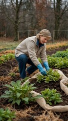Covering tender plants with burlap for frost protection in late autumn.