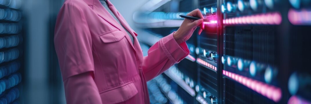 Engineer in a pink jacket using a stylus pen to adjust server rack settings in a data center, with colorful LED lights in the background. - Powered by Adobe