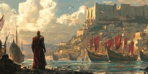 Fototapeta premium A lone knight gazes at a fortified city.