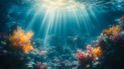 Obraz premium Underwater Sunlight Illuminates Vibrant Coral Reef