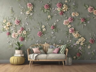 3d modern living room interior,3d background with flowers