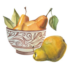 Watercolor illustration of autumn harvest. Fresh yellow pears in vintage porcelain bowl. Kitchen hygge decor. 