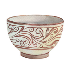 Watercolor hand-drawn craft ceramic bowl. Vintage porcelain isolated on white. Ethnic pottery. 