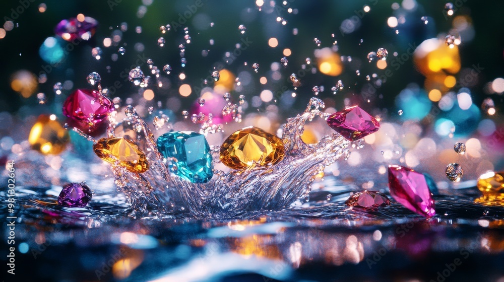 Poster multicolored gemstones splashing into water with a glittering background