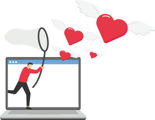 Businessman through the laptop using butterfly net to catch flying heart. Finding relationship, romance dating, desire or aspiration. Vector illustration.

