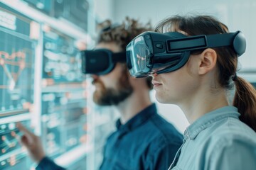 A male and female engineer wearing virtual reality headsets while interacting with digital screens for data analysis and project planning in a modern office environment.