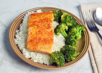 barbecue salmon with rice and  broccoli