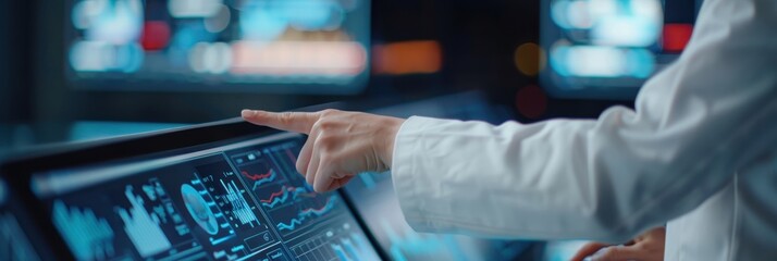 Close-up of a scientist's hand pointing at a digital screen displaying various data, graphs, and analytics in a high-tech laboratory setting.