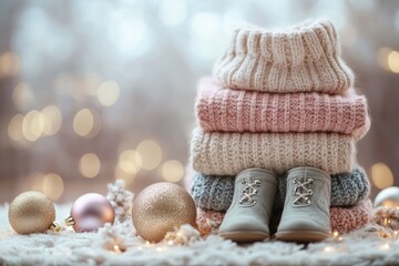 Stack of Knitted Sweaters and Baby Shoes with Christmas Ornaments