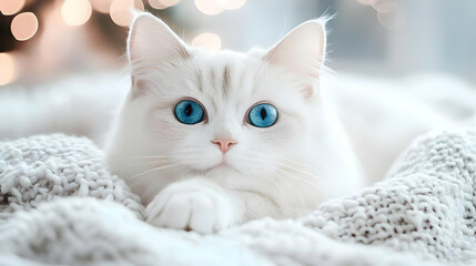 Adorable White Cat with Blue Eyes Relaxing on Blanket
