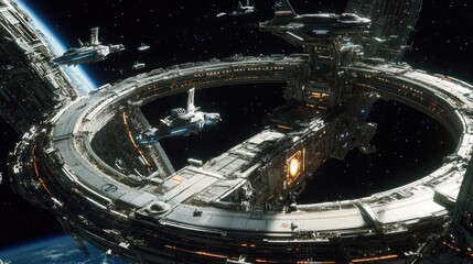 Fototapeta premium A futuristic space station built around a ring structure, with rotating sections creating artificial gravity. Various spacecraft are seen docking at different parts of the station.